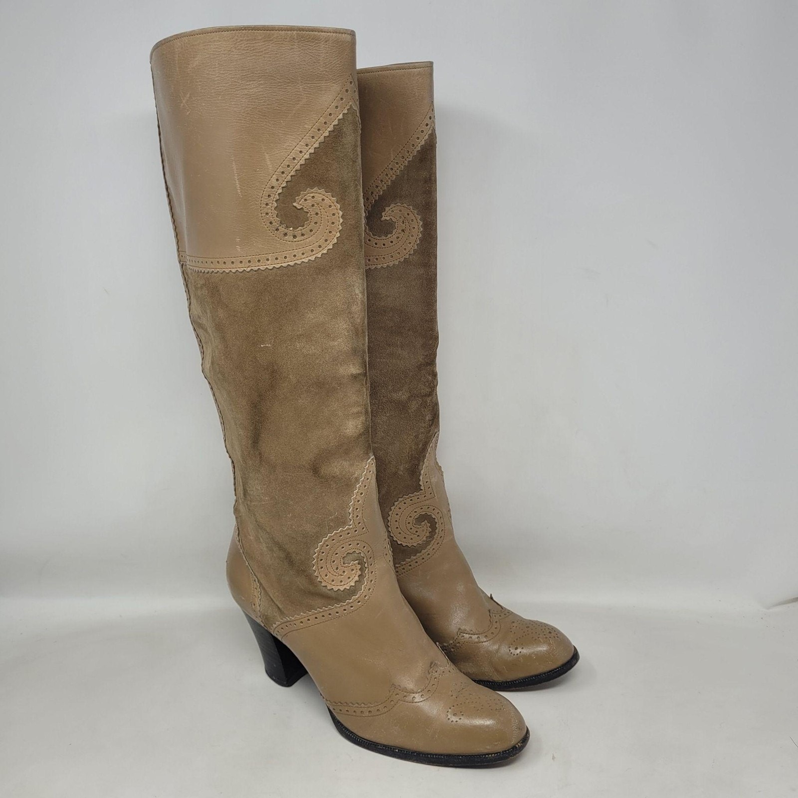 Vintage Yves Saint Laurent Boots 7 Tan Leather Suede Russian Collection 1976 70s